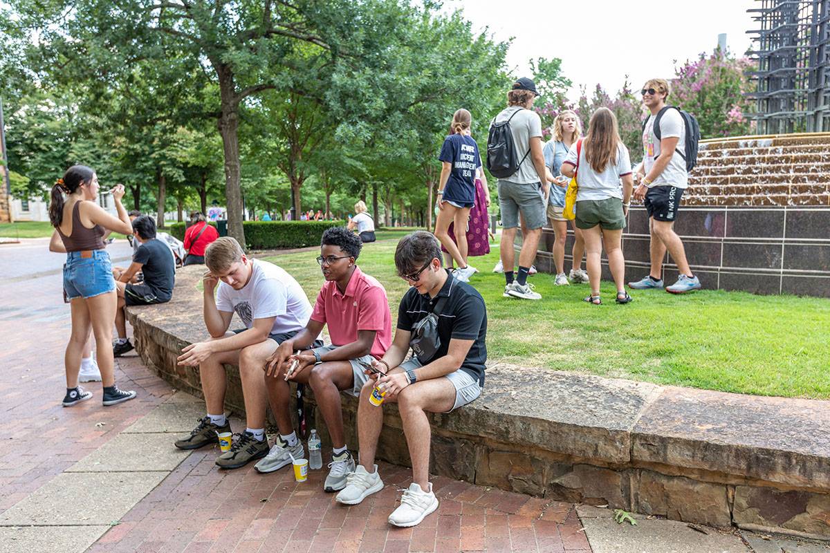 Students sitting on a stone wall