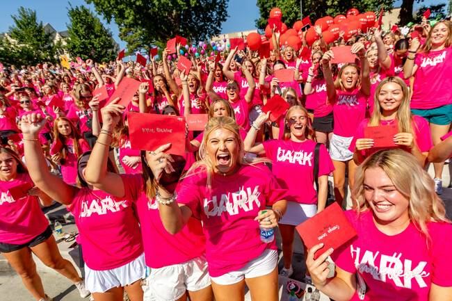 Students with matching outfits cheering